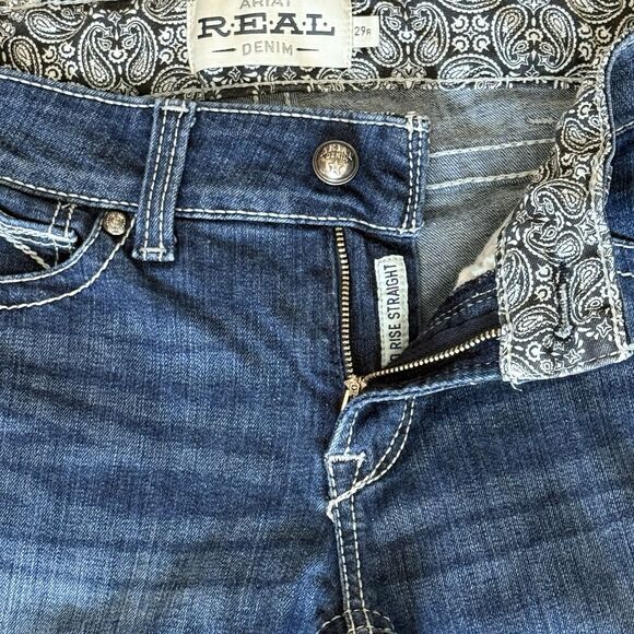 ARIAT REAL Denim Mid Rise Straight SZ 29 Regular Raw Hem Ocean Icon Womens - Picture 7 of 12